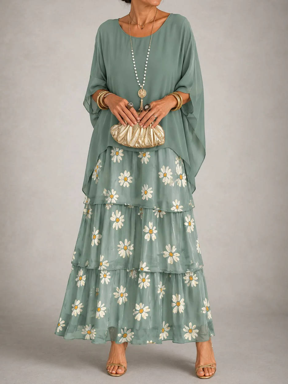 Womens Tiered Maxi Dress, Batwing Sleeve Layered Chiffon Evening Party Gown