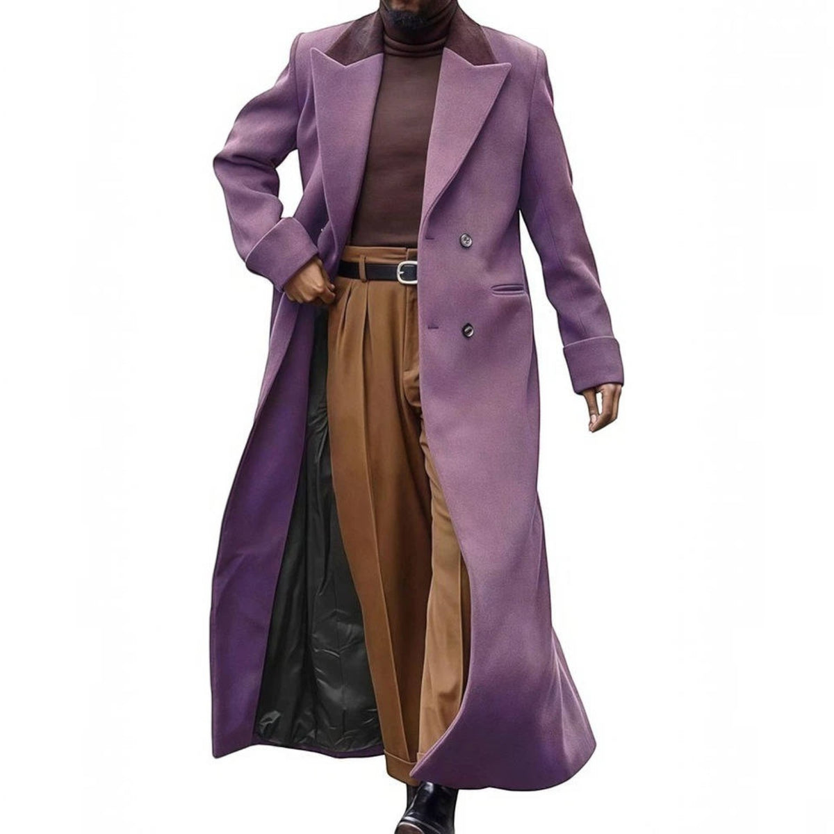 Mens Long Trench Coat, Full Length Double Breasted Overcoat, Classic Winter Coat
