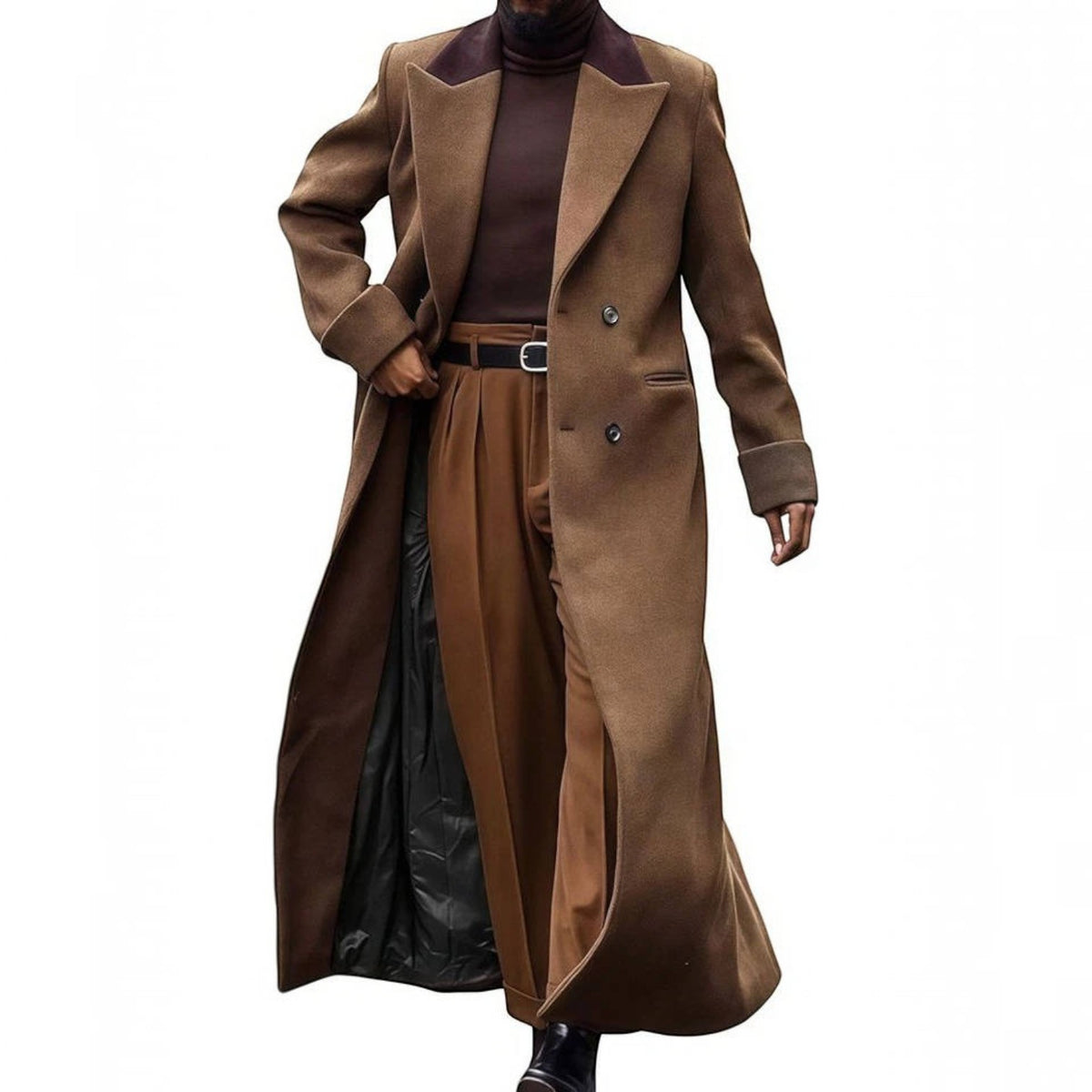 Mens Long Trench Coat, Full Length Double Breasted Overcoat, Classic Winter Coat