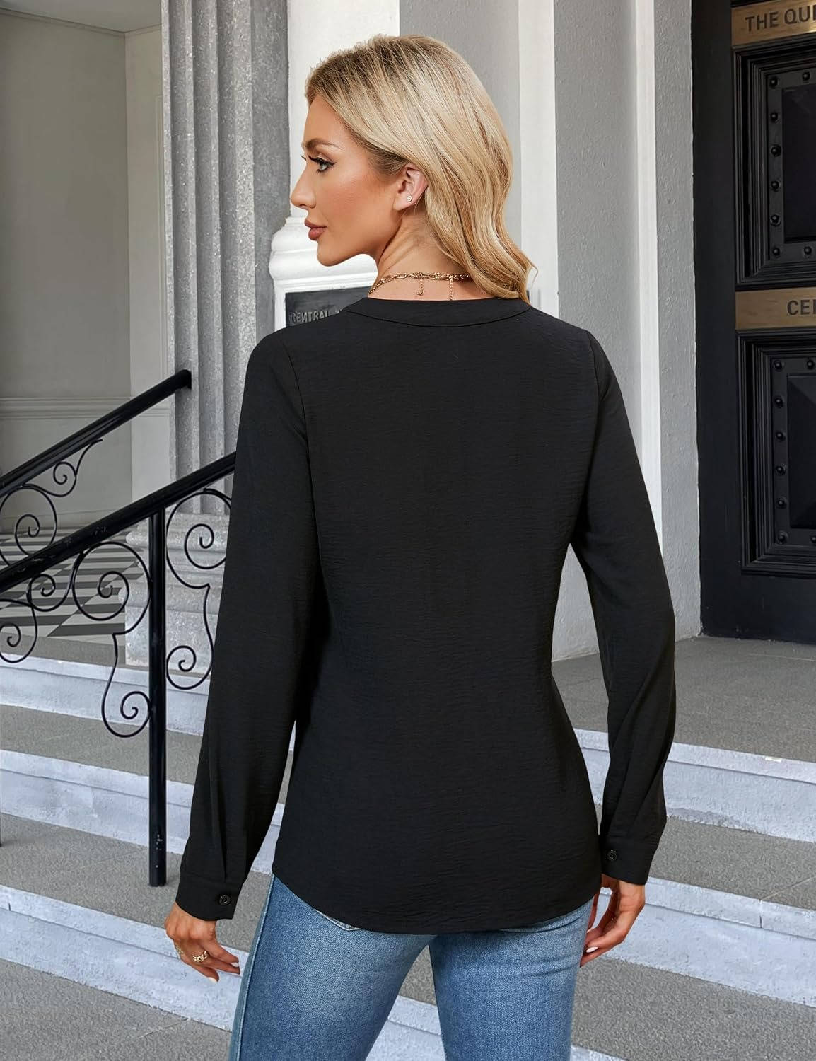 Womens Long Sleeve V-Neck Pleated Blouse - Business Casual Work Top