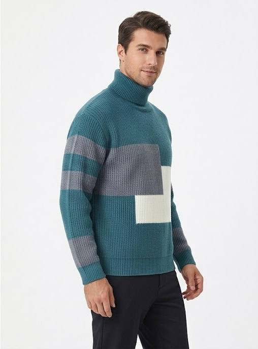 Ribbed Block Turtleneck Knit Sweater