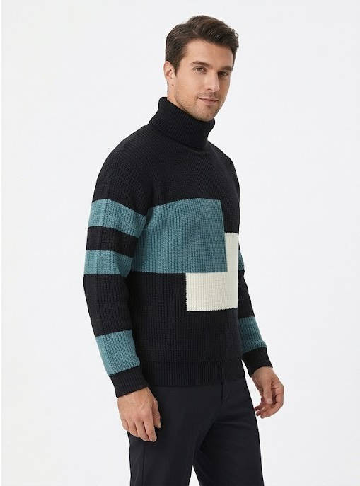 Ribbed Block Turtleneck Knit Sweater