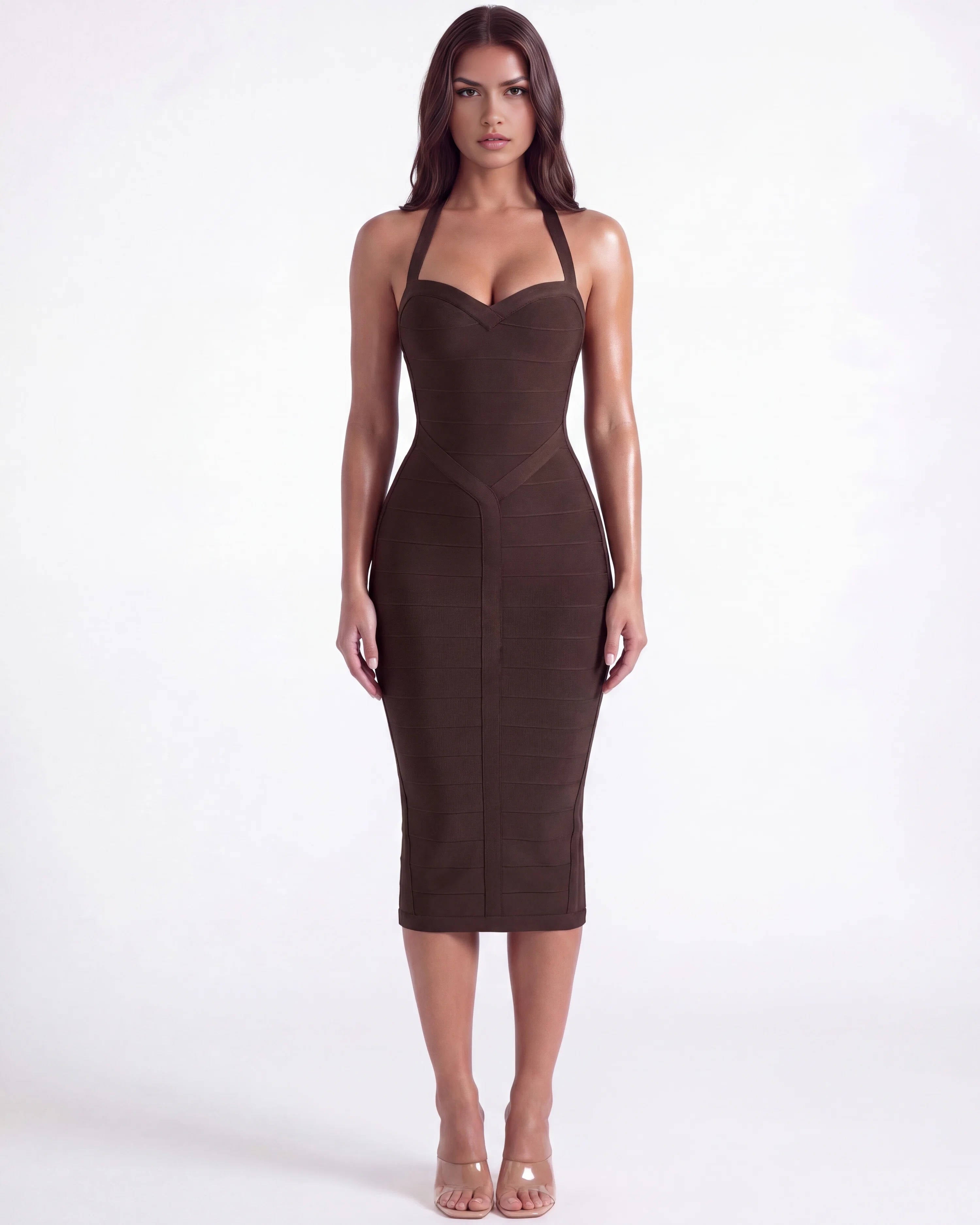 Womens Bodycon Dress, Bandage Midi Dress, Halter Neck Sleeveless Sweetheart Party Dress