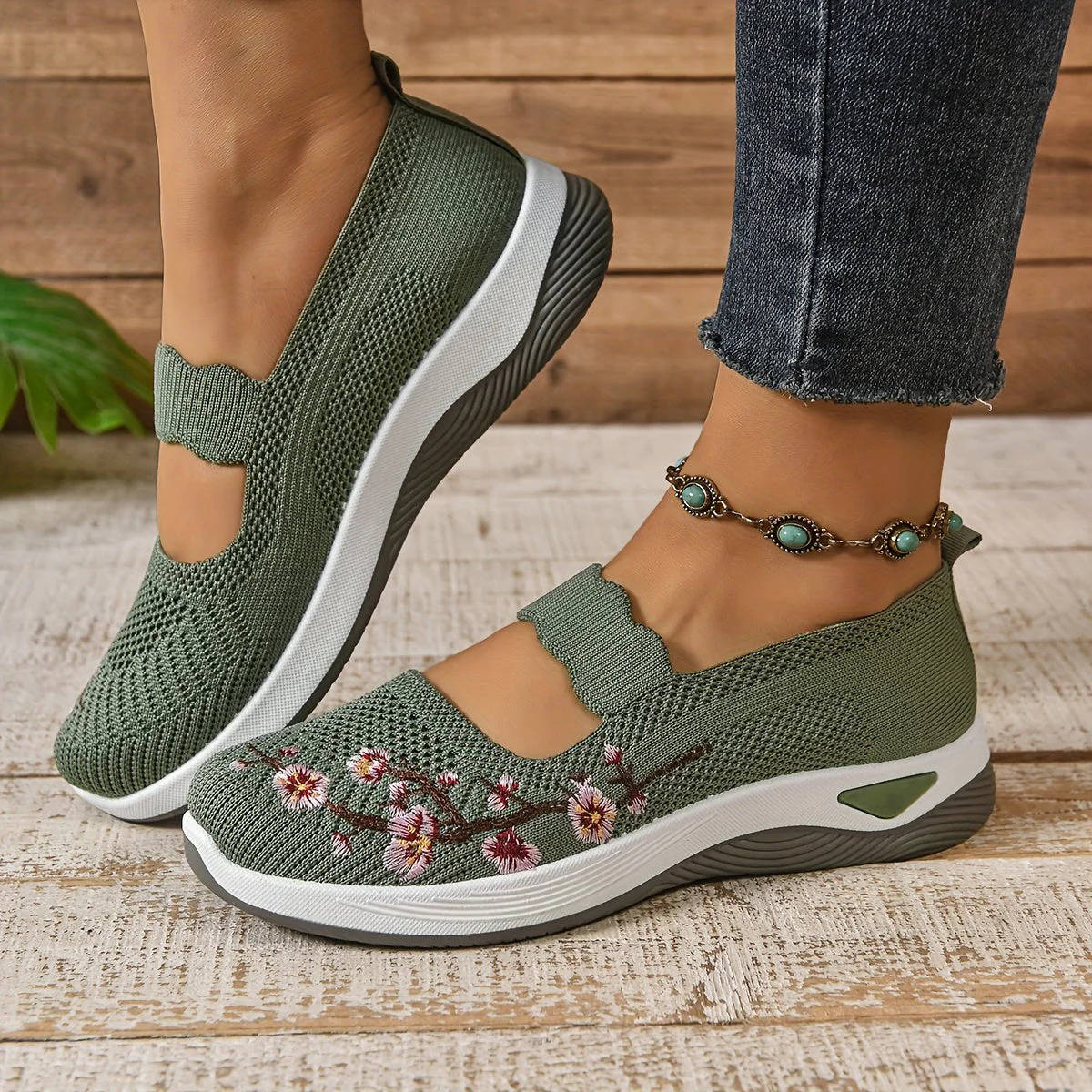 Women's Mary Jane Sneakers, Floral Embroidered Mesh Shoes, Slip on Elastic Strap Comfort Flats