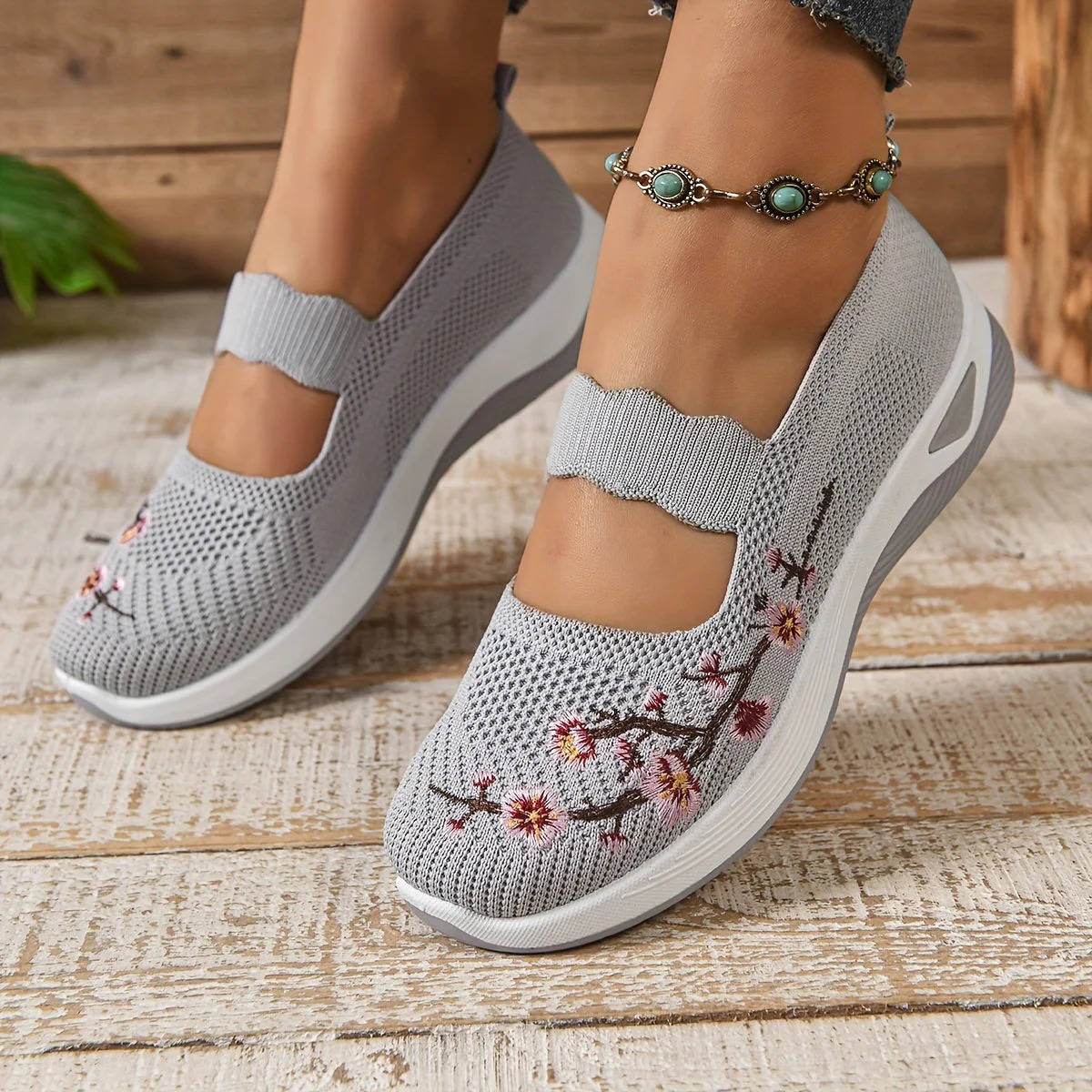 Women's Mary Jane Sneakers, Floral Embroidered Mesh Shoes, Slip on Elastic Strap Comfort Flats