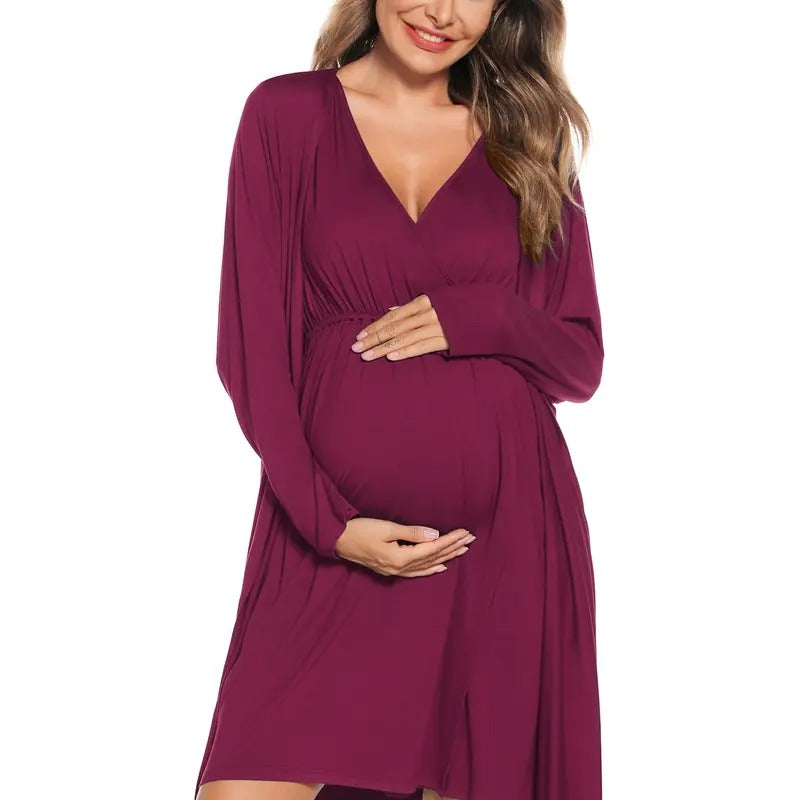 Women 2 Piece Modal Maternity Gown and Nursing Robe Set - Breastfeeding Sleepwear