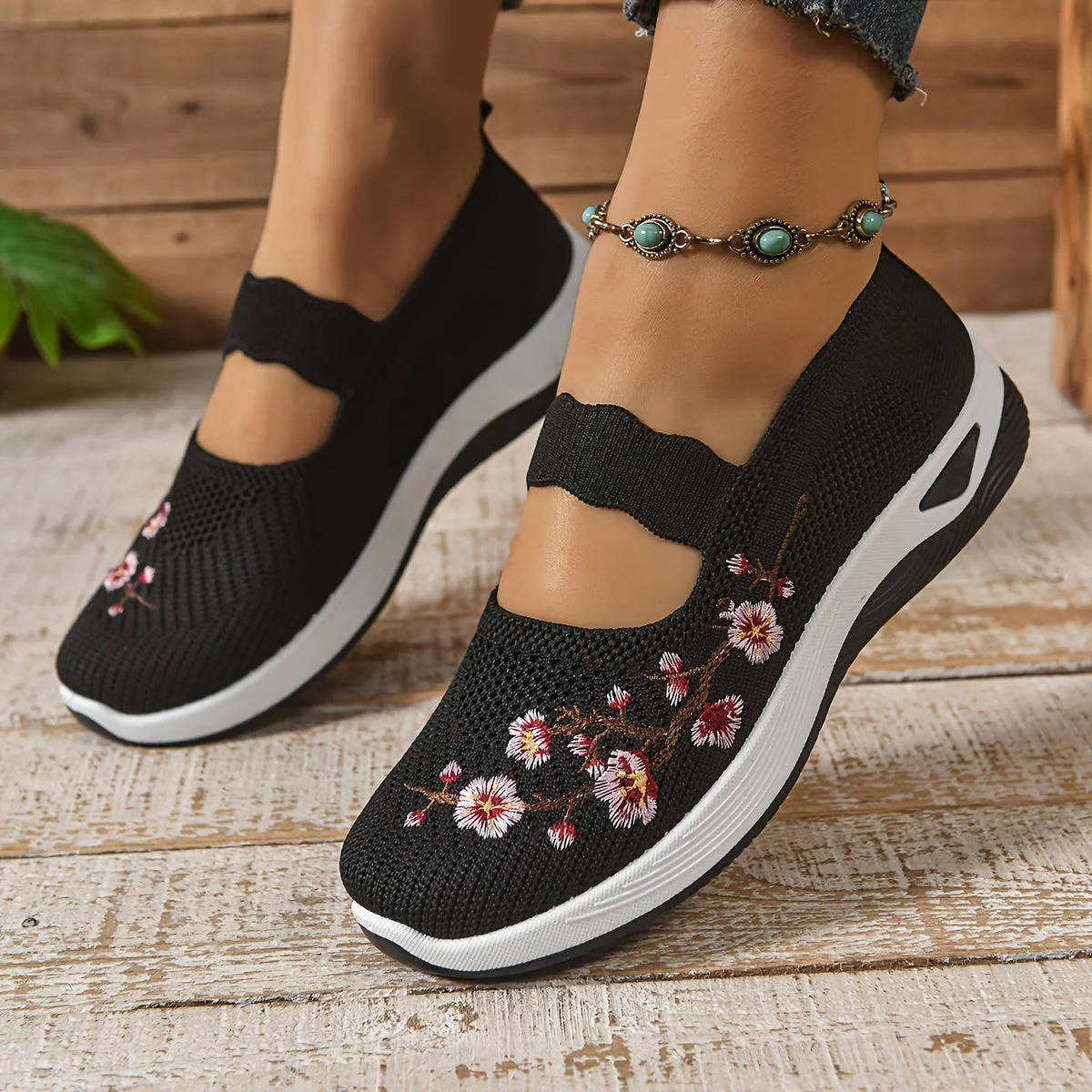 Women's Mary Jane Sneakers, Floral Embroidered Mesh Shoes, Slip on Elastic Strap Comfort Flats