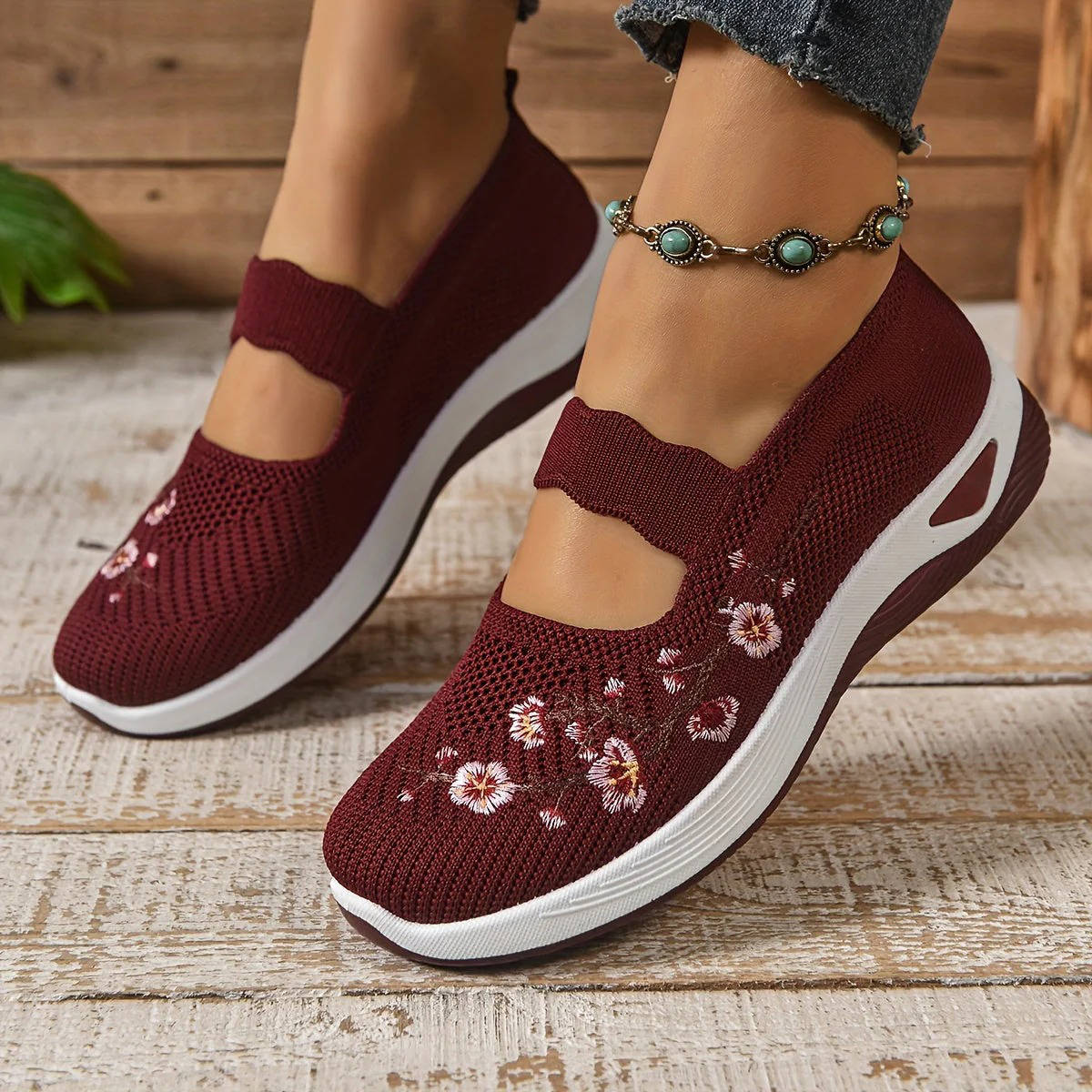 Women's Mary Jane Sneakers, Floral Embroidered Mesh Shoes, Slip on Elastic Strap Comfort Flats
