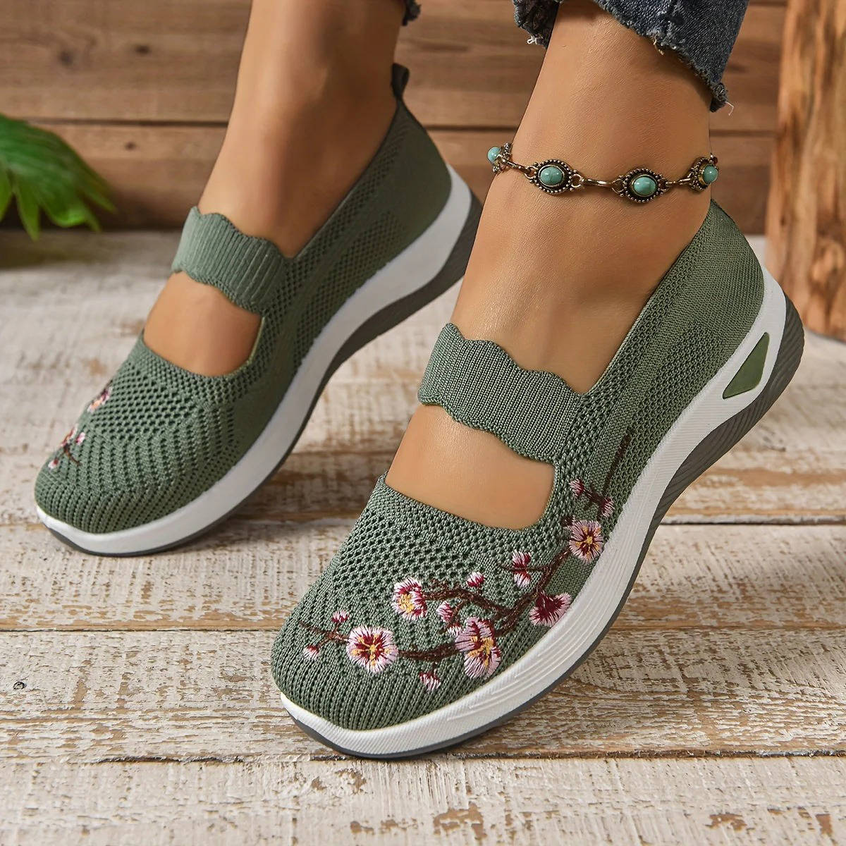 Women's Mary Jane Sneakers, Floral Embroidered Mesh Shoes, Slip on Elastic Strap Comfort Flats