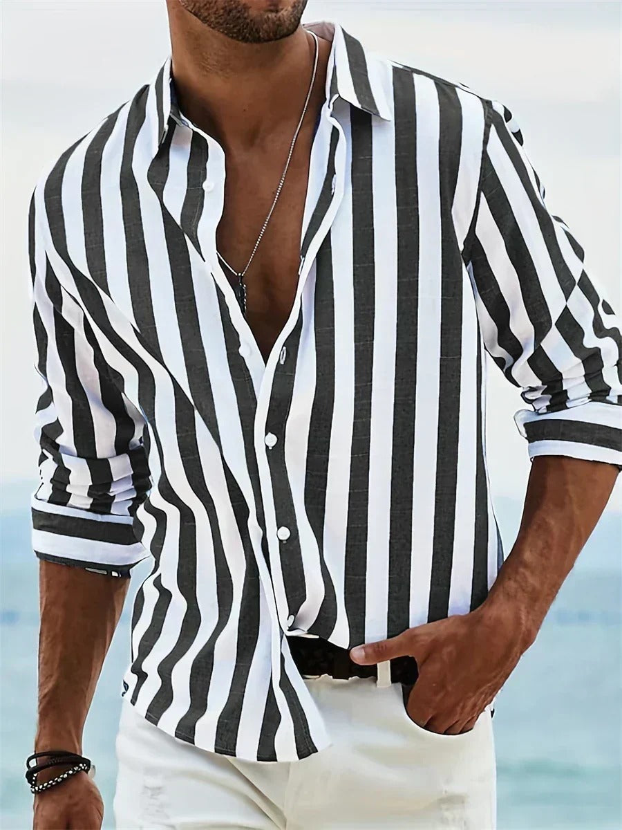 Mens Vertical Striped Button Down Shirt, Lightweight Breathable Summer Shirt, Regular Fit Casual Shirt