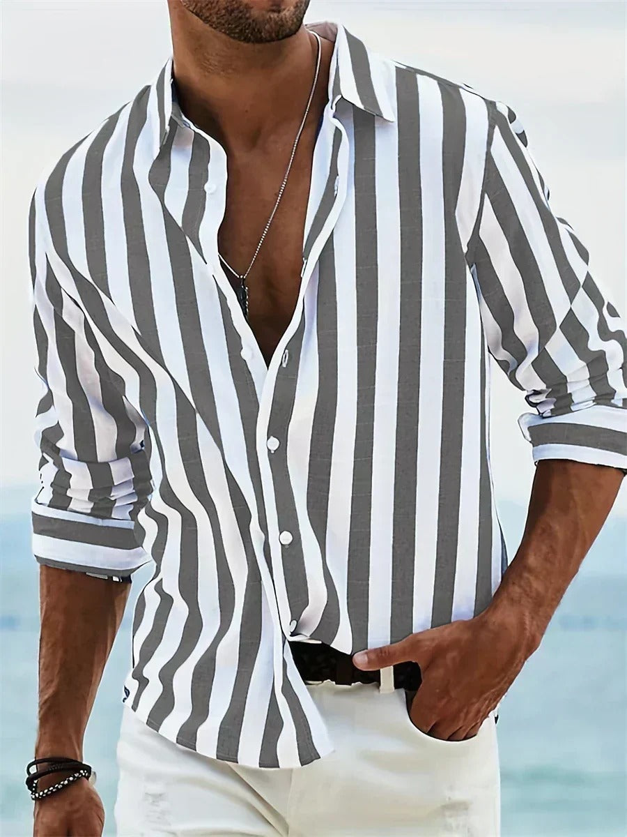 Mens Vertical Striped Button Down Shirt, Lightweight Breathable Summer Shirt, Regular Fit Casual Shirt