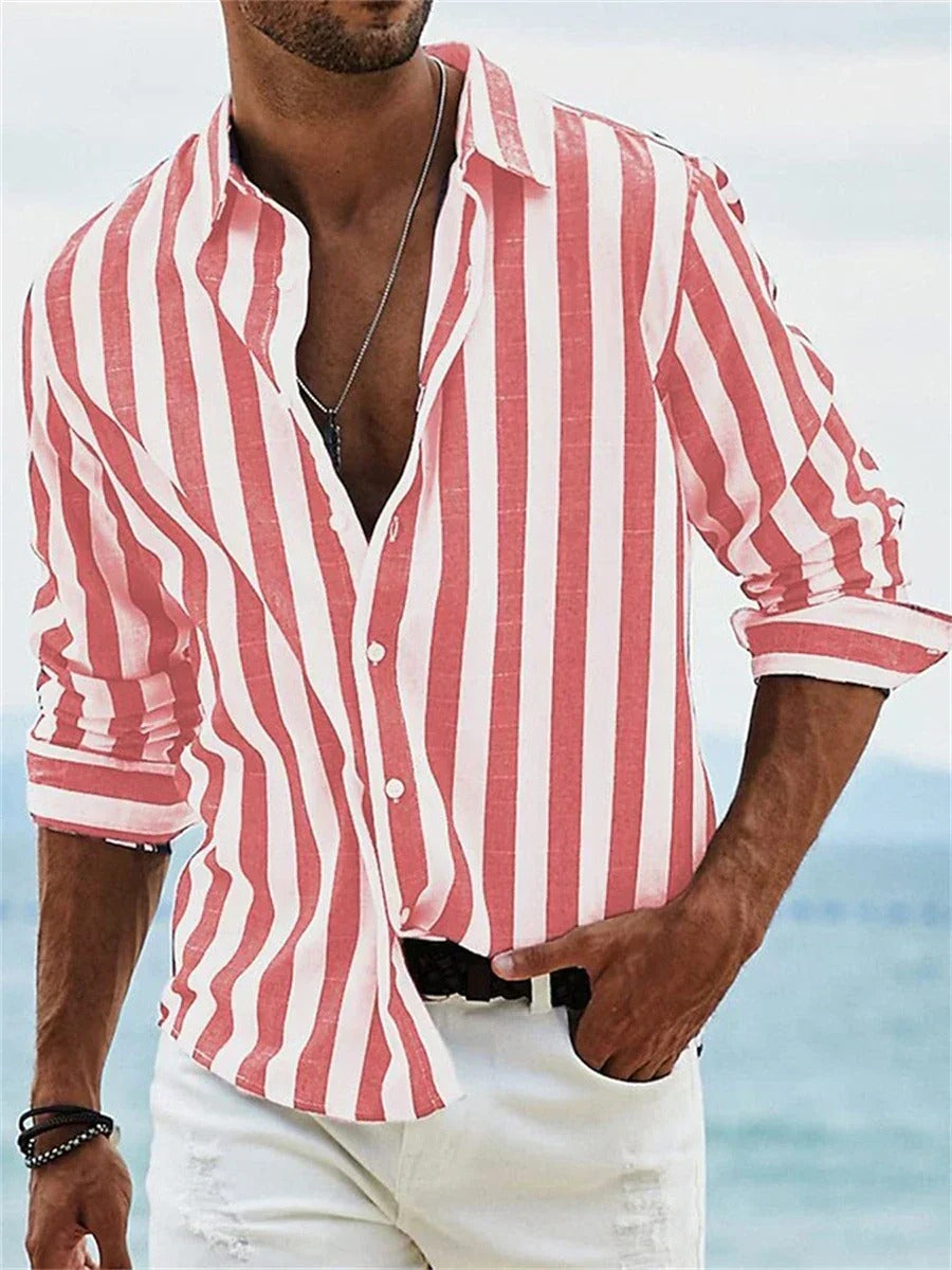 Mens Vertical Striped Button Down Shirt, Lightweight Breathable Summer Shirt, Regular Fit Casual Shirt