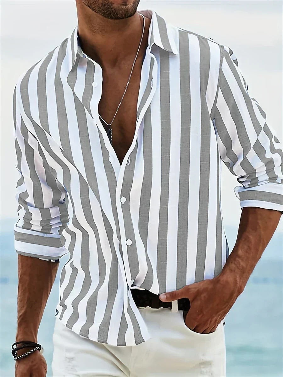 Mens Vertical Striped Button Down Shirt, Lightweight Breathable Summer Shirt, Regular Fit Casual Shirt