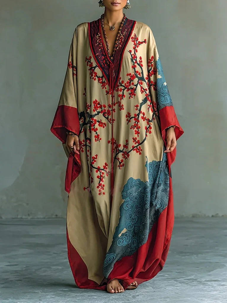 Moomoo Dresses for Women, Floral Print V Neck Batwing Sleeve Casual Flowy Maxi Dress
