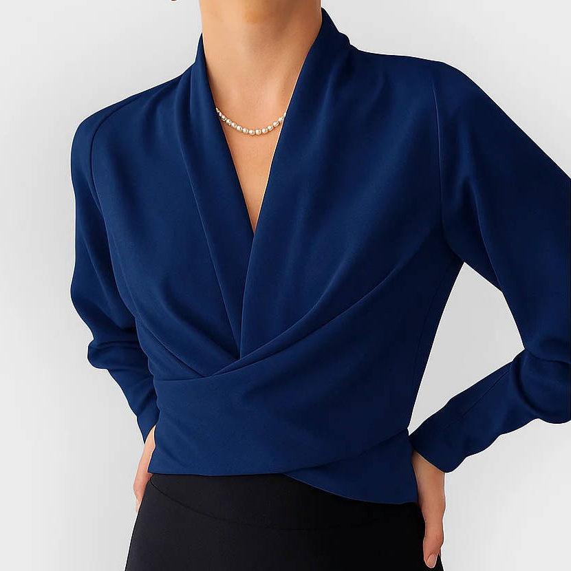 Womens Satin Look Blouse with V Neckline and Back Zipper, Long Sleeve