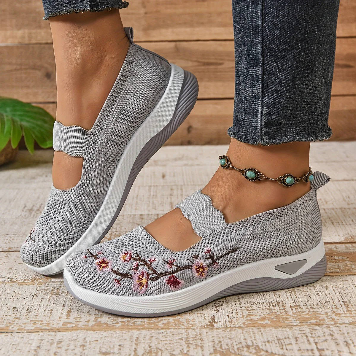 Women's Mary Jane Sneakers, Floral Embroidered Mesh Shoes, Slip on Elastic Strap Comfort Flats