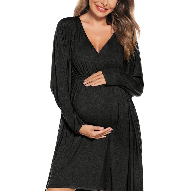 Women 2 Piece Modal Maternity Gown and Nursing Robe Set - Breastfeeding Sleepwear