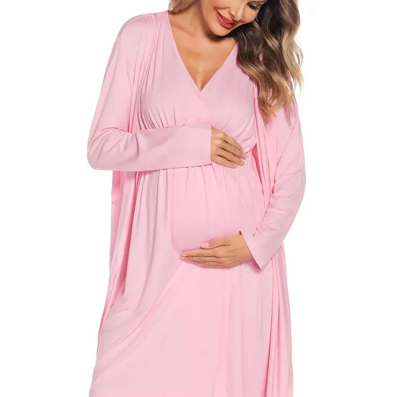 Women 2 Piece Modal Maternity Gown and Nursing Robe Set - Breastfeeding Sleepwear