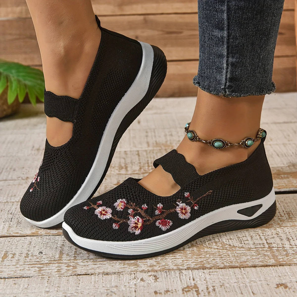 Women's Mary Jane Sneakers, Floral Embroidered Mesh Shoes, Slip on Elastic Strap Comfort Flats