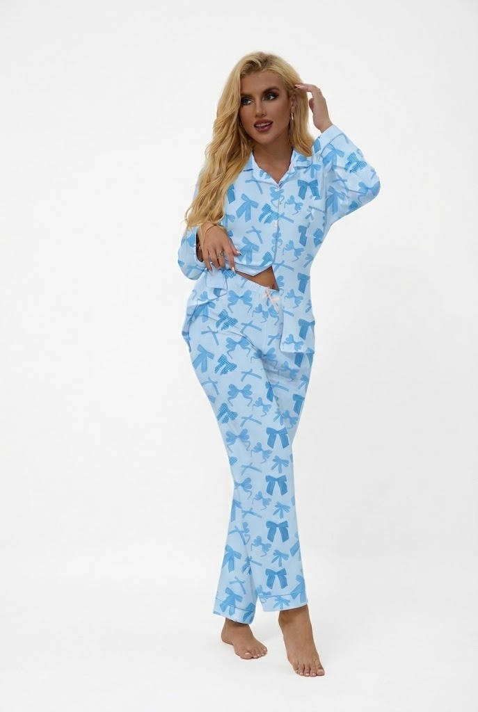 Womens 2 Piece Bow Print Pajama Set, Long Sleeve Fall Winter Sleepwear, Comfortable Loungewear for Casual Home Wear and Relaxing