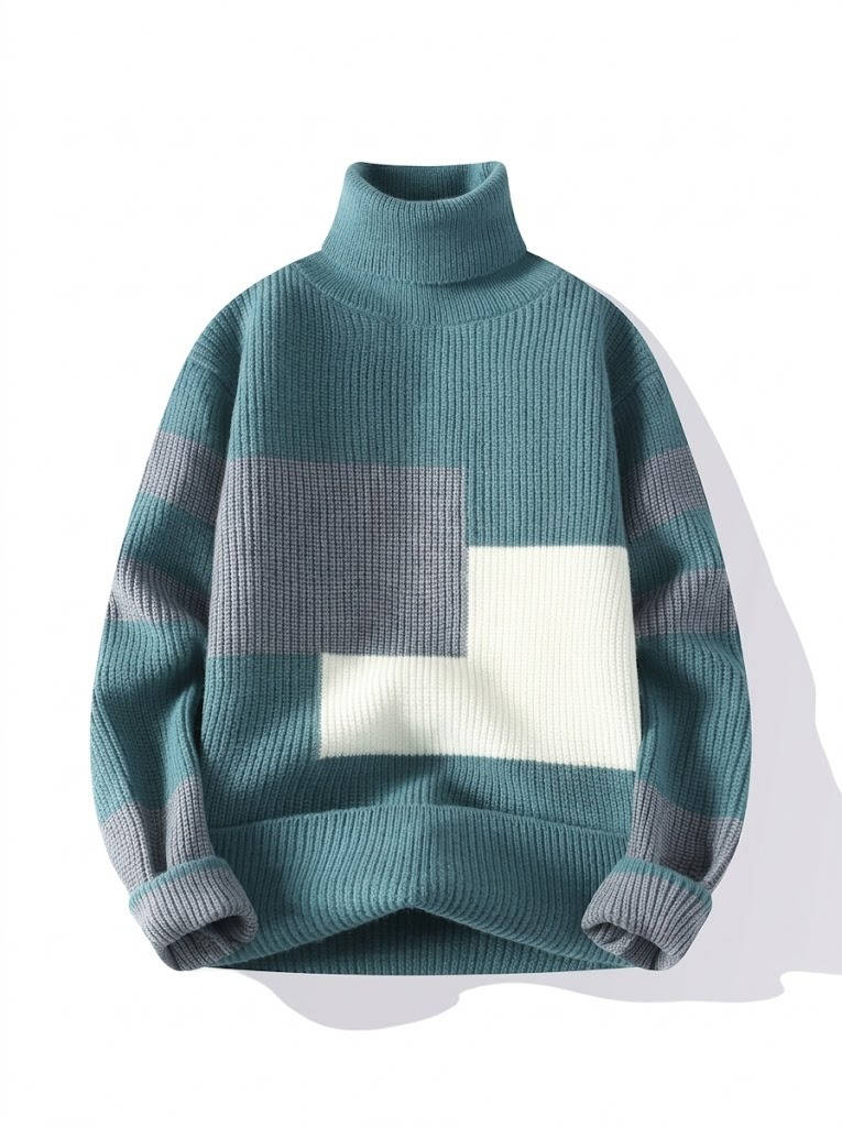 Ribbed Block Turtleneck Knit Sweater