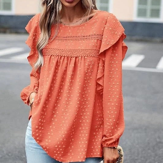 Womens Long Sleeve Shirts, Ruffle Swiss Dot Crochet Loose Fit Tunic, Dressy Casual Tops Blouse, Spring Fashion