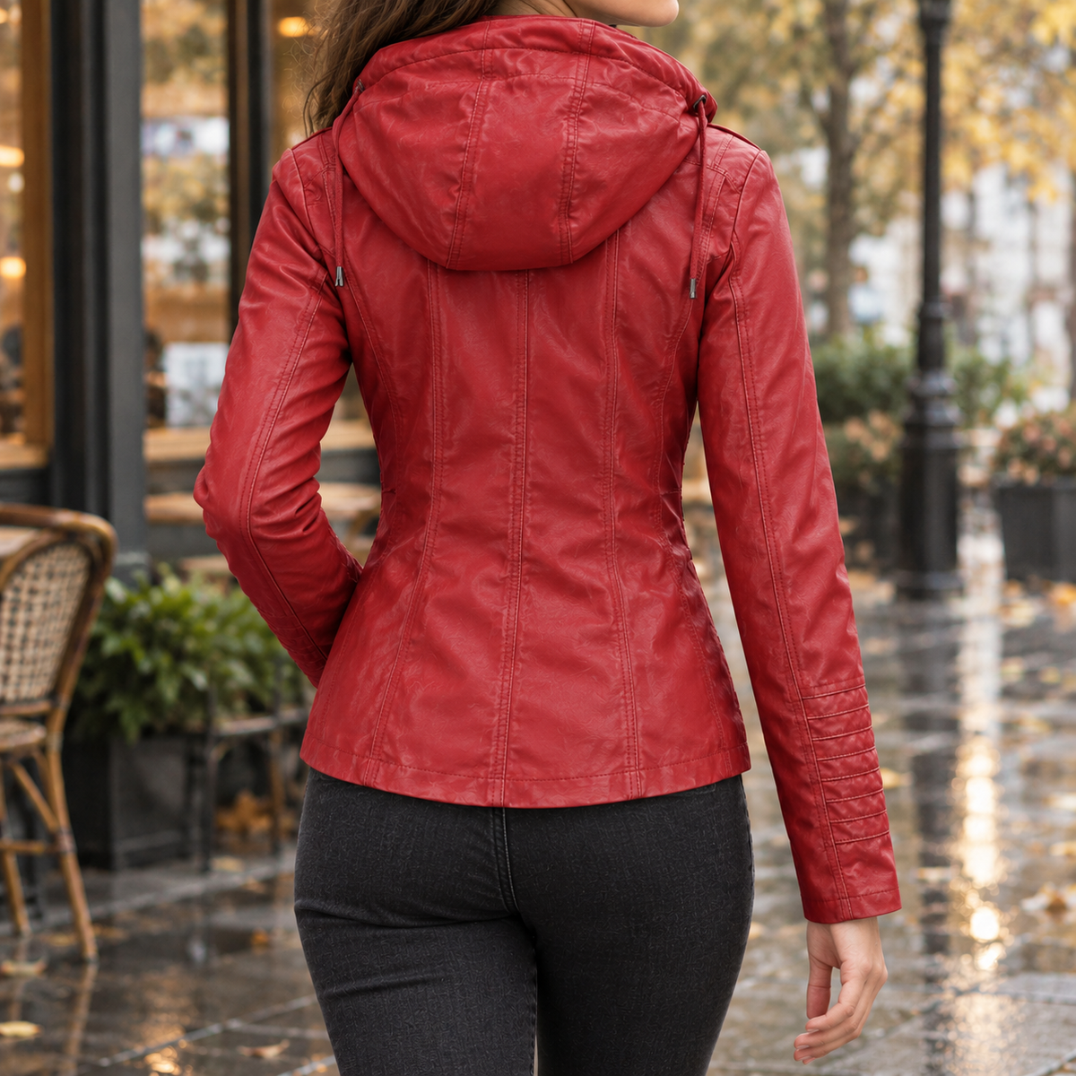 Womens faux leather hooded jacket - Date Red