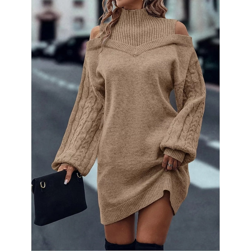 Cold-Shoulder Turtleneck Sweater Dress with Cable Knit Sleeves