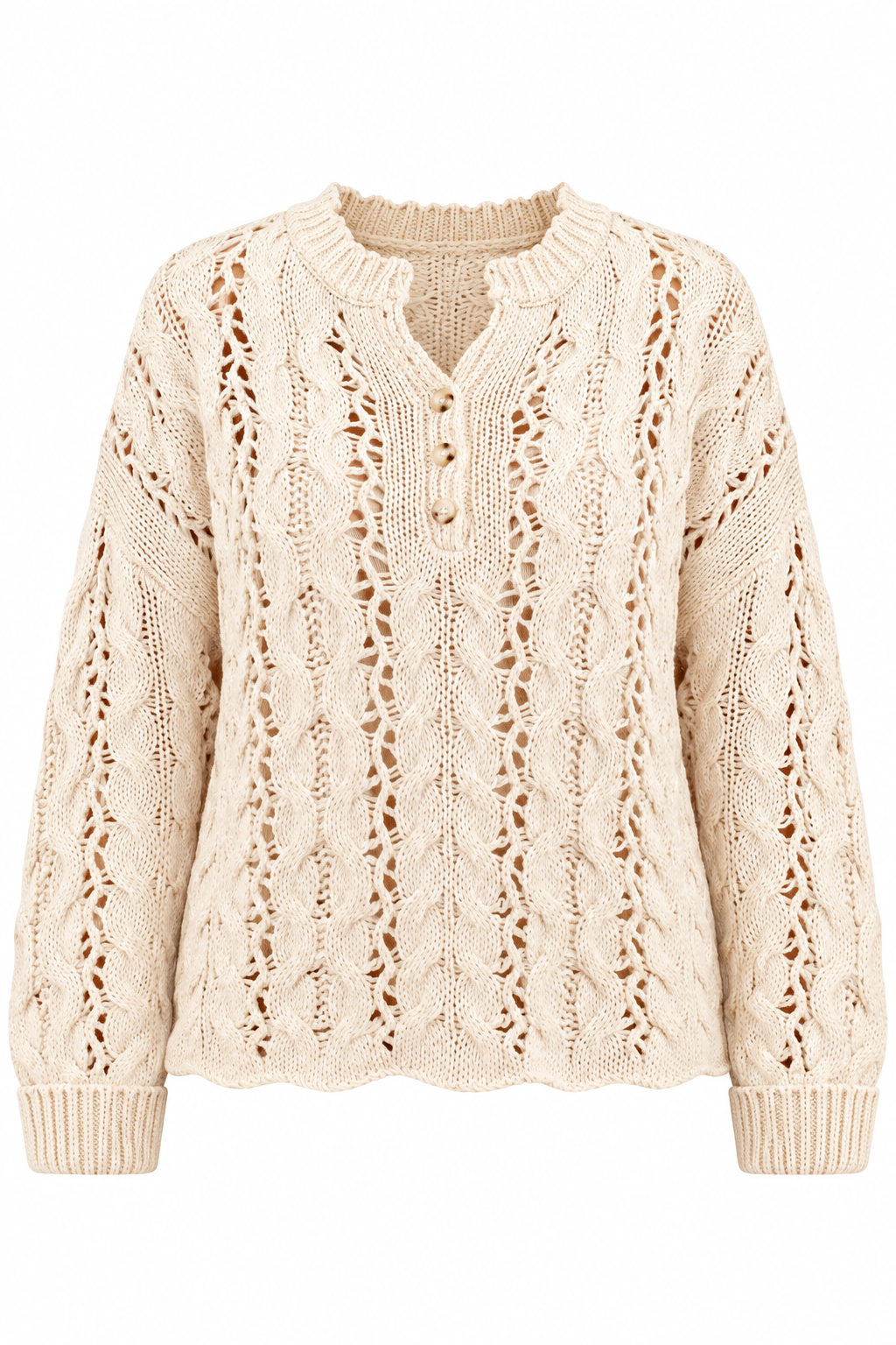 Ivory Cable Knit Sweater with Henley Buttons and Drop Shoulder, Mid Crop