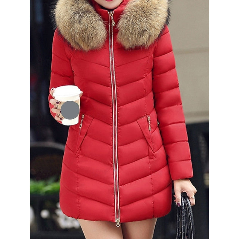 Hooded Quilted Parka with Adjustable Hood and Side Pockets, Mid Thigh Length