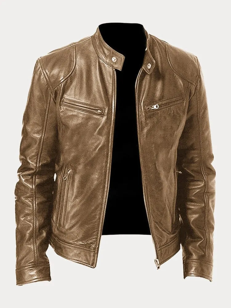 Structured Jacket with Metal Zip Closure and Snap Tab Stand Collar