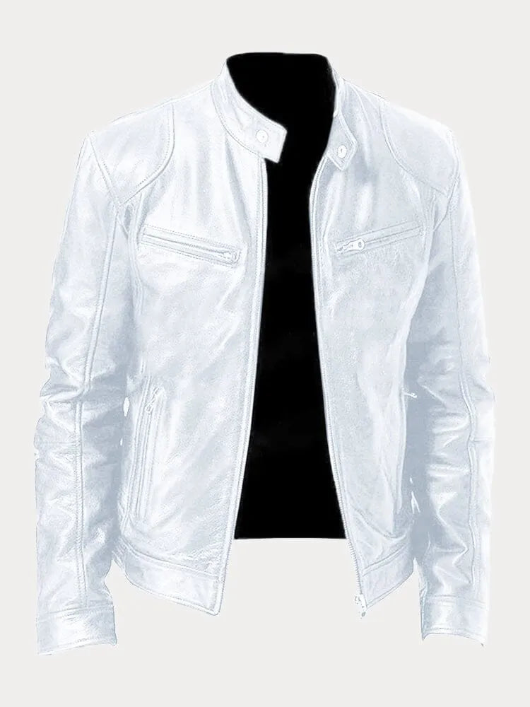 Structured Jacket with Metal Zip Closure and Snap Tab Stand Collar