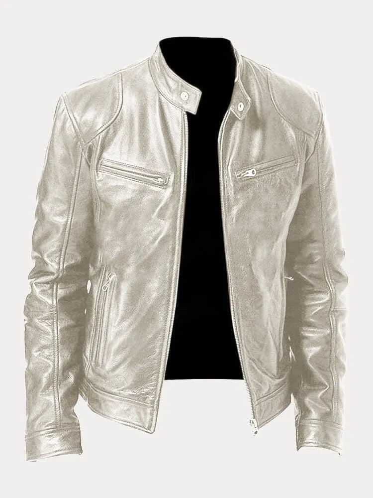 Structured Jacket with Metal Zip Closure and Snap Tab Stand Collar