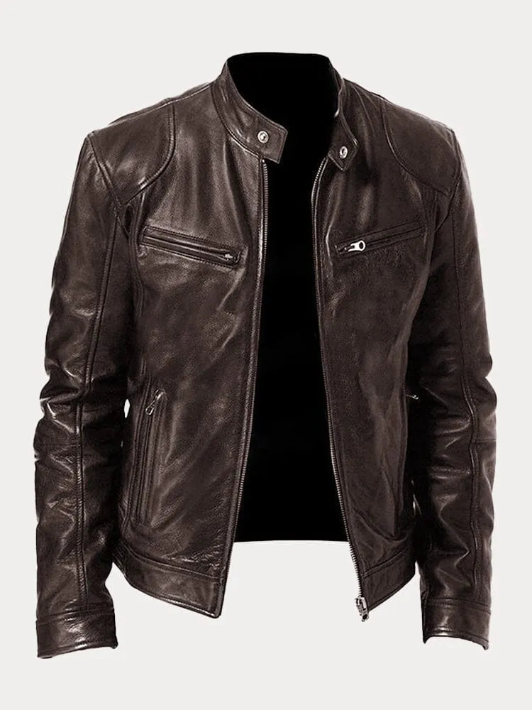 Structured Jacket with Metal Zip Closure and Snap Tab Stand Collar