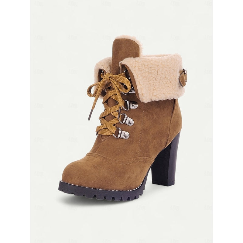 Lace-Up Winter Boots with Gripped Sole and Plush Lining, Chunky Heel