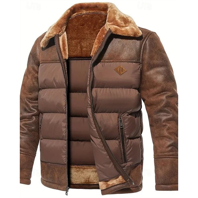 Insulated Winter Puffer Jacket with Structured Collar and Front Zip, Hip Length