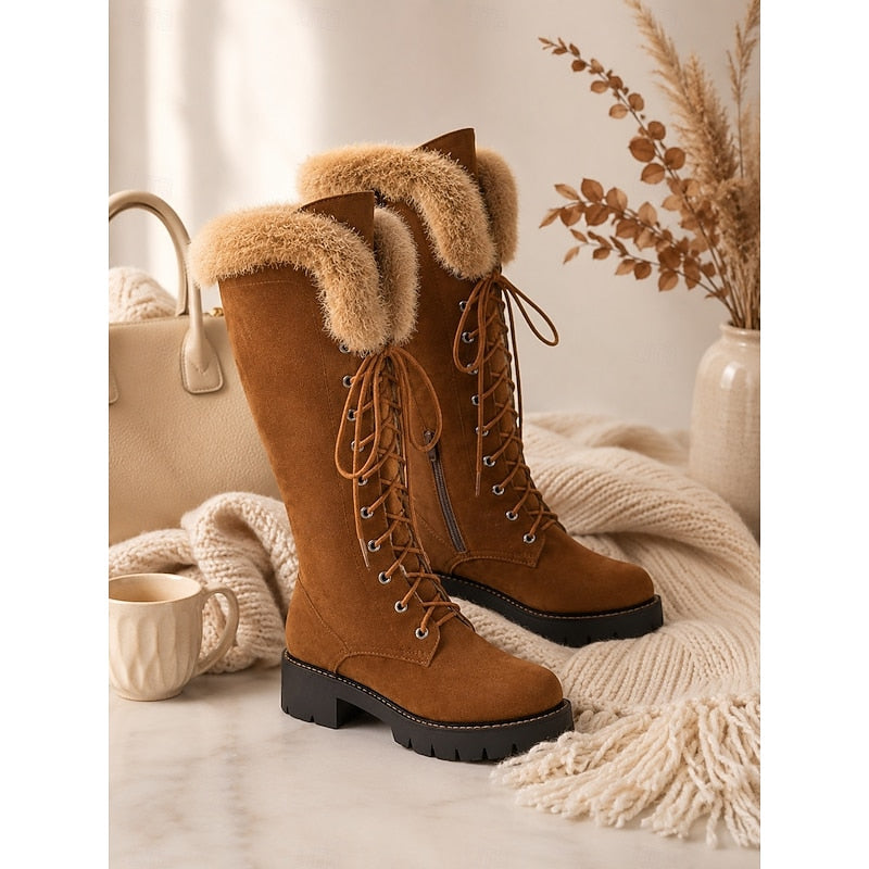 Knee-High Winter Boots with Lace-Up Front and Lug Sole, Plush Cuff