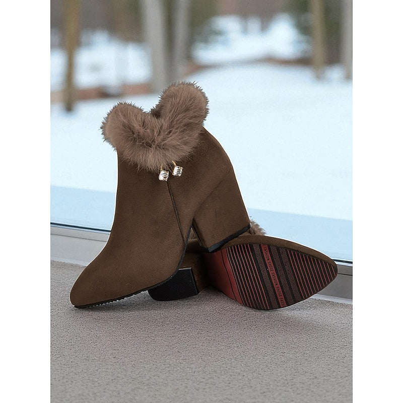 Ankle Boots with Plush Collar and Block Heel, Side Zip Pointed Toe
