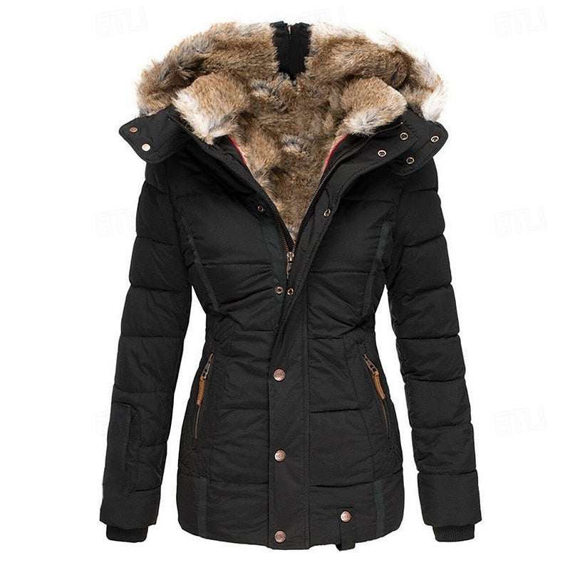 Padded Winter Jacket with Detachable FurTrimmed Hood, Zip and Button Closure