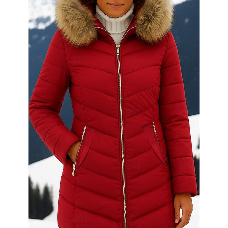 Hooded Quilted Parka with Adjustable Hood and Side Pockets, Mid Thigh Length