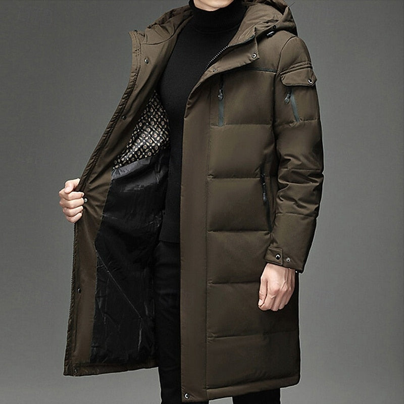 Padded Long Winter Coat with Adjustable Hood and Zip Pockets, Below Knee Length