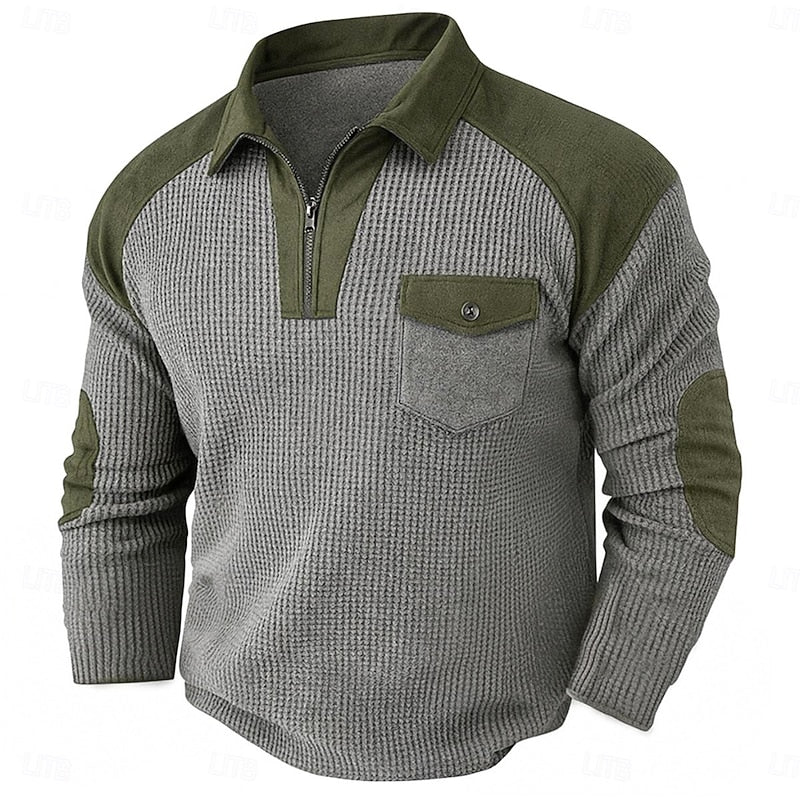 Quarter Zip Pullover with Textured Fabric and Elbow Patches, Chest Pocket