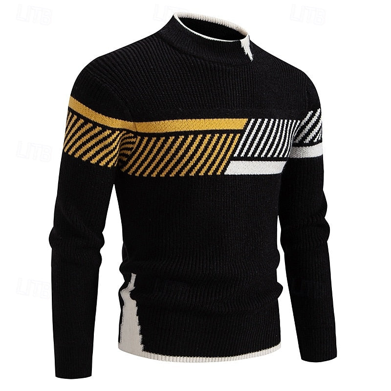 Ribbed Crew Neck Sweater with Colour Block Panels and Regular Fit