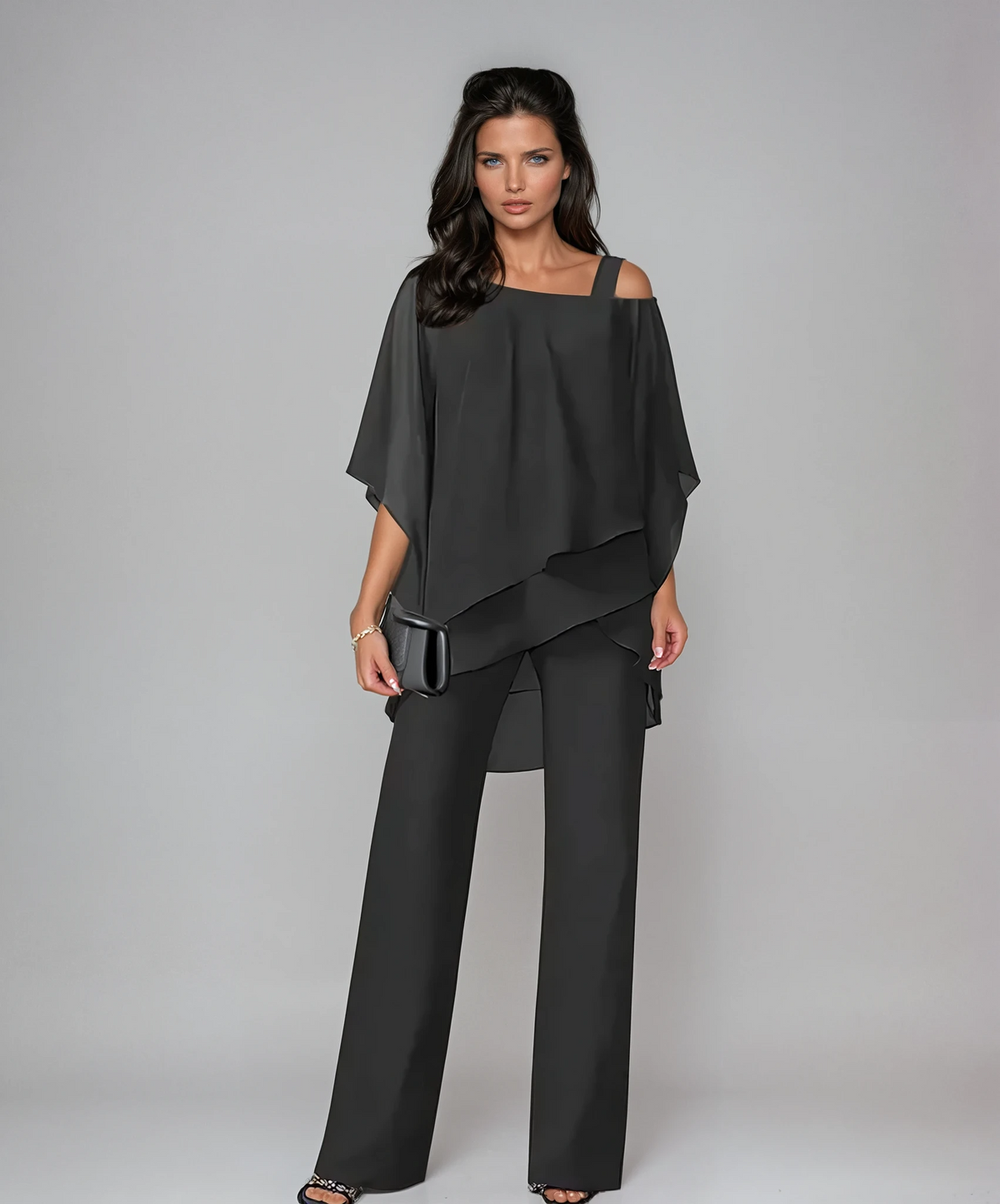 Tiered Layered Top with Wide Leg Pants and Fluid Drape Two Piece Set