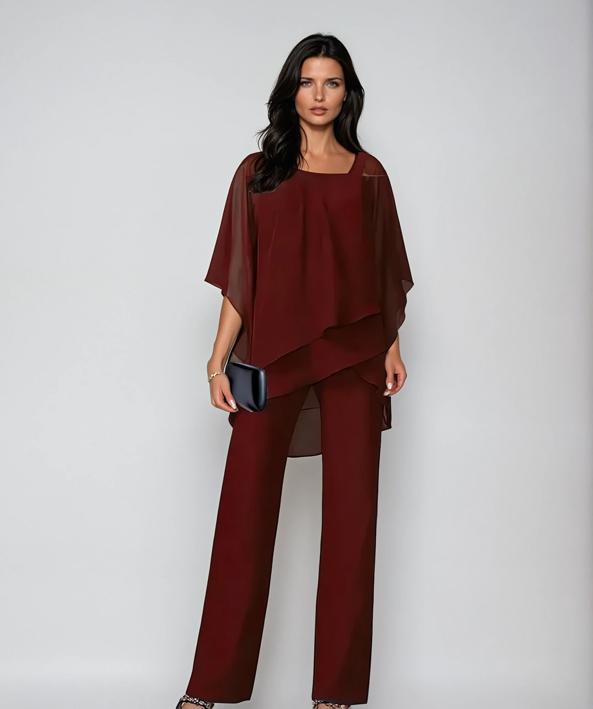 Tiered Layered Top with Wide Leg Pants and Fluid Drape Two Piece Set