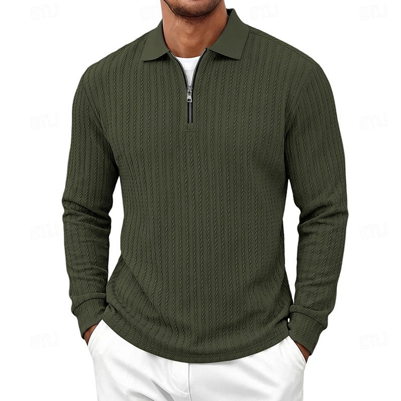 Mens Textured Quarter-Zip Polo Shirt with Long Sleeves and Regular Fit