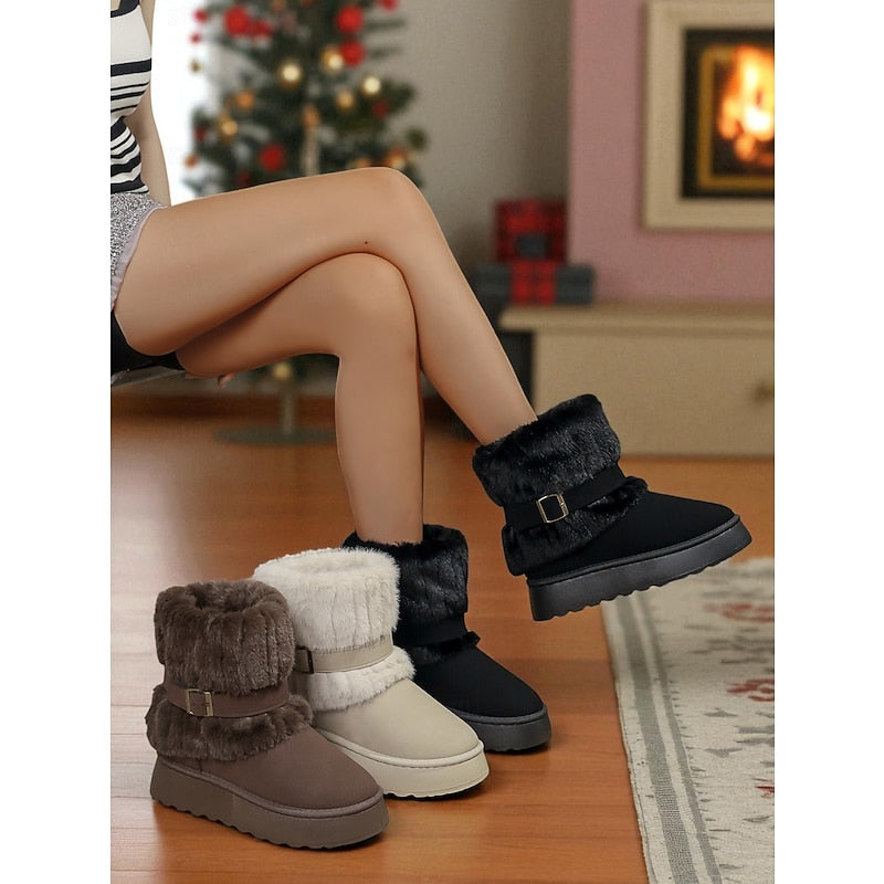 Womens Ankle Snow Boots with Fur Trim and Grip Sole With Plush Lined