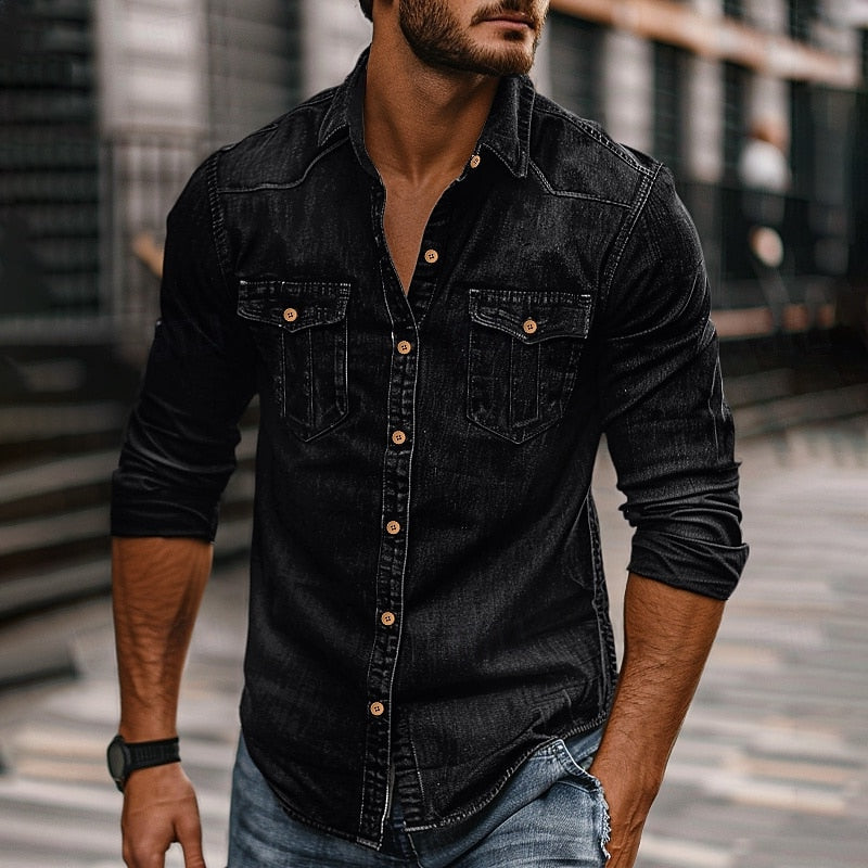 Button-Up Collared Shirt with Chest Pockets and Structured Shoulders