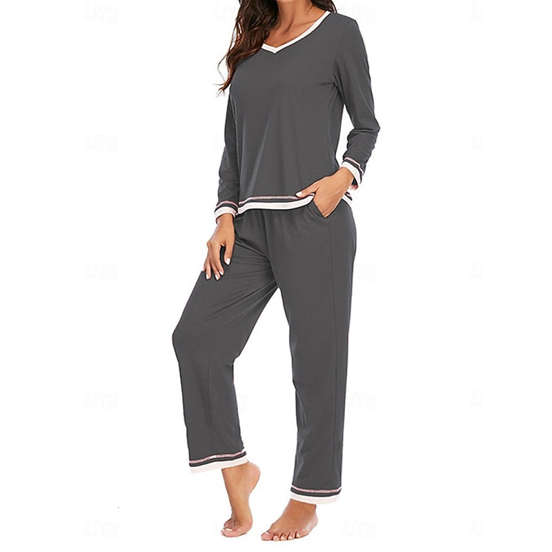 Womens Two Piece Lounge Set with Long Sleeve V Neck Top and Elastic Waist Trousers