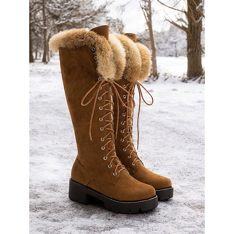 Knee-High Winter Boots with Lace-Up Front and Lug Sole, Plush Cuff